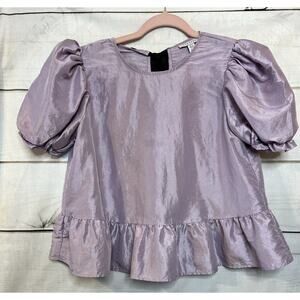 Lilac Top Shop Size 6 Blouse With Black Now Tie In Back Ruffles Puff Sleeves
